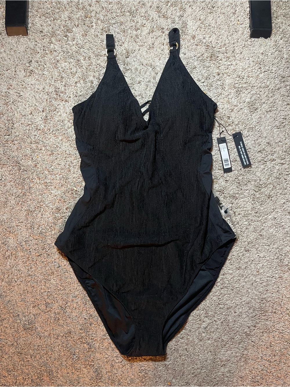 TA3 Plungey Ring One Piece Swimsuit Black Crinkle Lace-Up Back 4X X-Long NWT